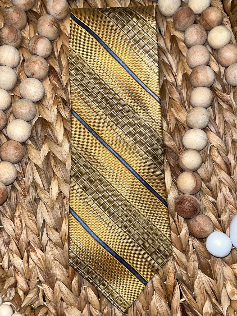 Renzo Yellow Gold Silk Tie with Navy Stripes